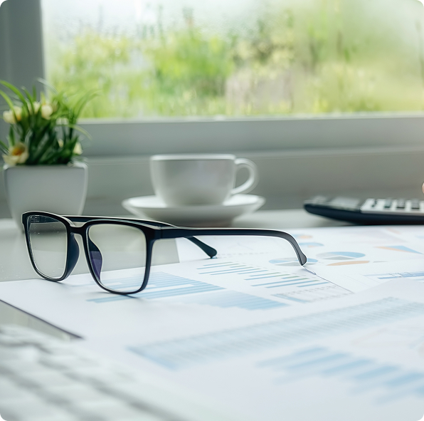 Reading glasses resting on printed financial reports beside a coffee cup and calculator at a sunlit window.