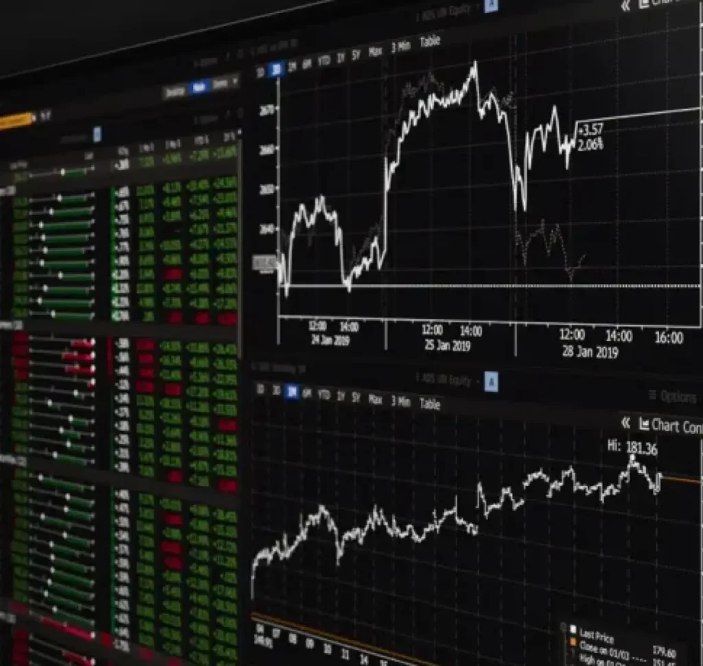 Financial terminal screens showing stock price charts and colour-coded market quote tables.